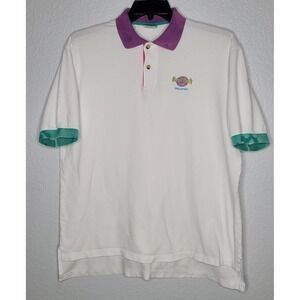Hard Rock Cafe Singapore Polo Tshirt 90s White Purple Teal Pink Xl Bleached Out